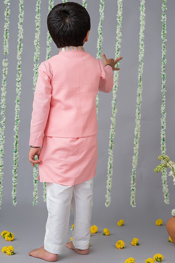 Pink Linen & Cotton Embroidered Nehru Jacket Set For Boys by Label Neeti at Pernia's Pop Up Shop