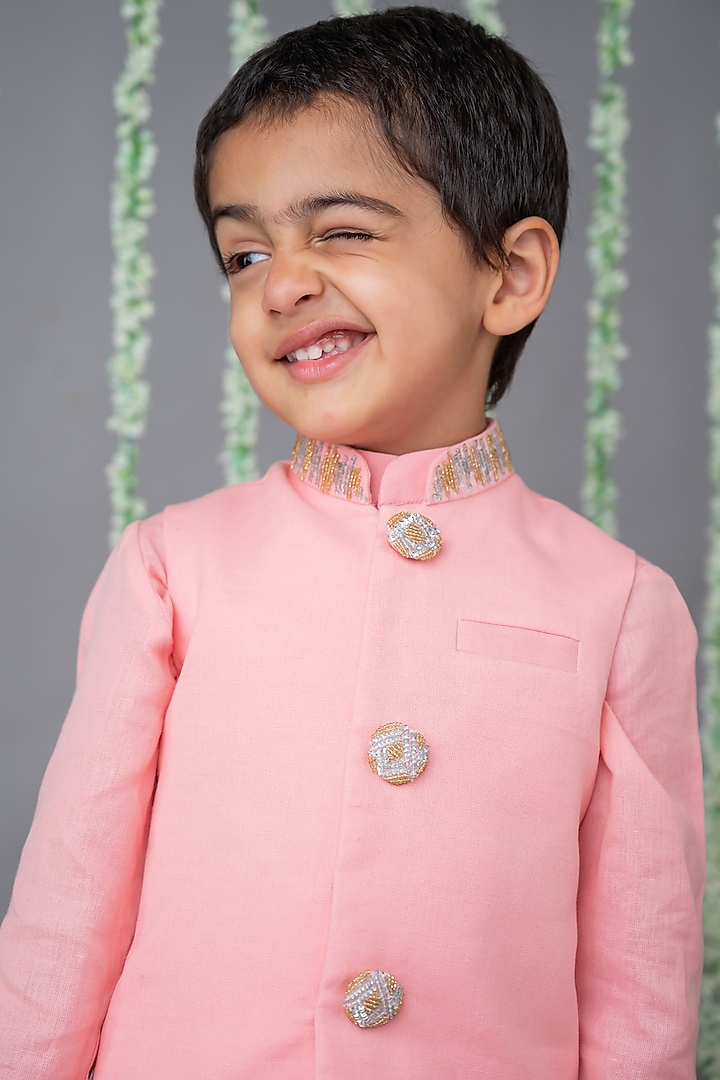 Pink Linen & Cotton Embroidered Nehru Jacket Set For Boys by Label Neeti at Pernia's Pop Up Shop