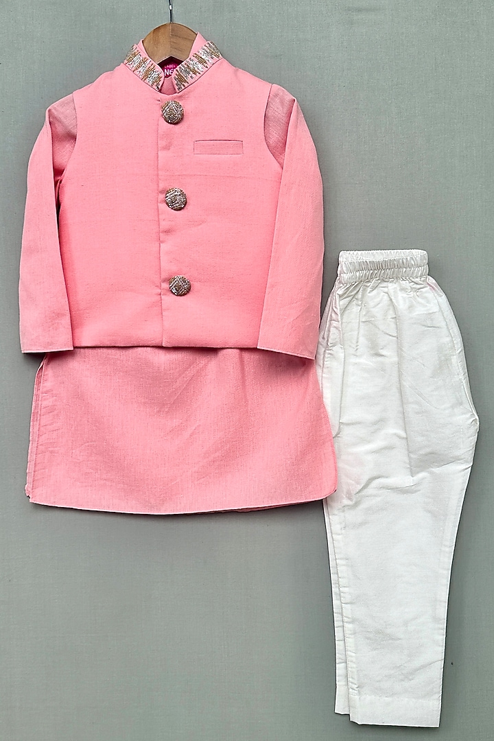 Pink Linen & Cotton Embroidered Nehru Jacket Set For Boys by Label Neeti at Pernia's Pop Up Shop