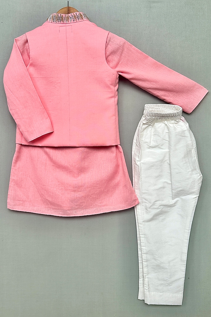 Pink Linen & Cotton Embroidered Nehru Jacket Set For Boys by Label Neeti at Pernia's Pop Up Shop