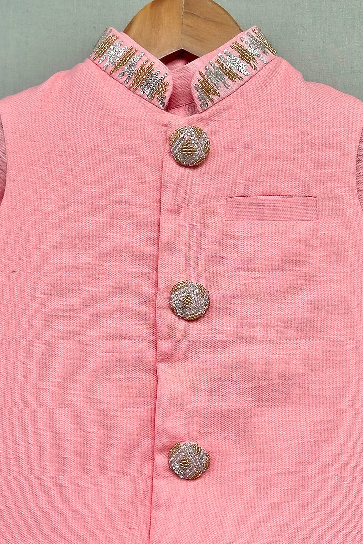 Pink Linen & Cotton Embroidered Nehru Jacket Set For Boys by Label Neeti at Pernia's Pop Up Shop