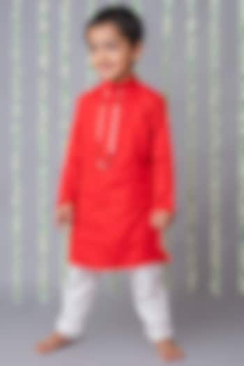 Red Cotton Satin Mirror Embroidered Kurta Set For Boys by Label Neeti