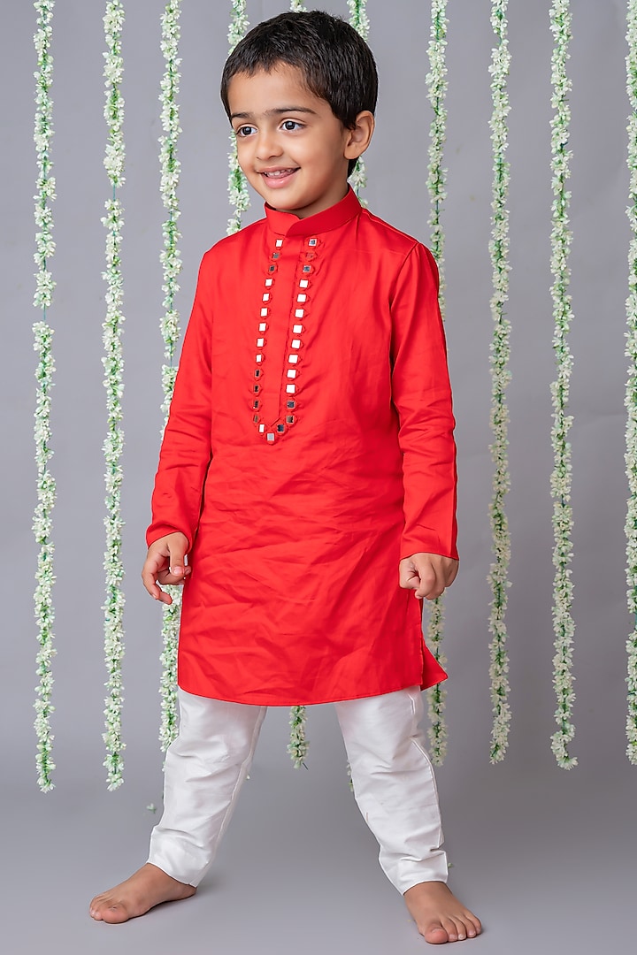 Red Cotton Satin Mirror Embroidered Kurta Set For Boys by Label Neeti