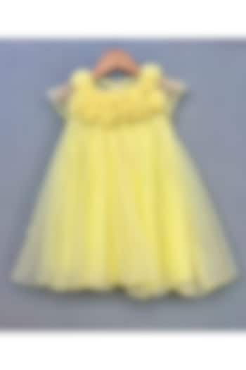 Lime Yellow Organza Floral Embellished A-Line Dress For Girls by Label Neeti at Pernia's Pop Up Shop