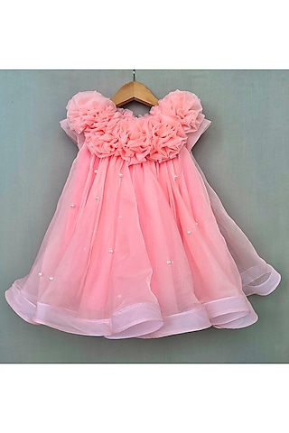 Peach Organza Pearl Embellished Dress For Girls by Label Neeti