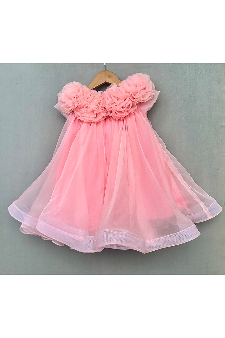 Peach Organza Pearl Embellished Dress For Girls by Label Neeti at Pernia's Pop Up Shop