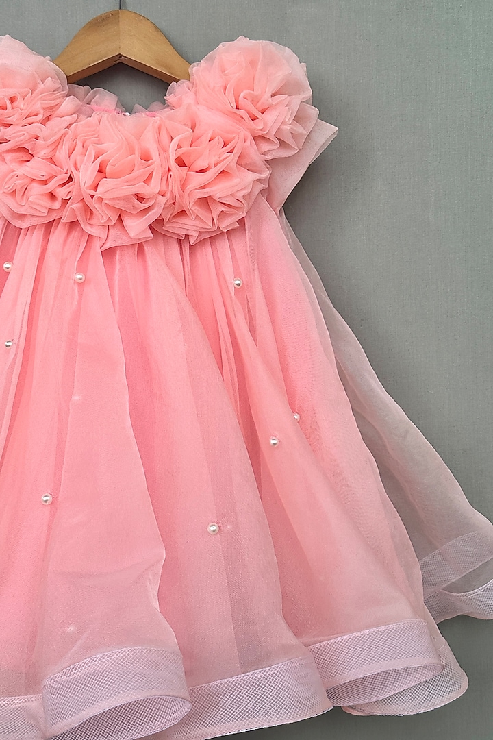 Peach Organza Pearl Embellished Dress For Girls by Label Neeti at Pernia's Pop Up Shop