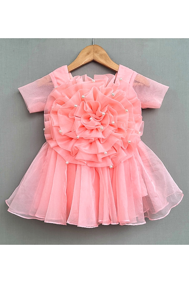 Peach Organza Embroidered Dress For Girls by Label Neeti at Pernia's Pop Up Shop