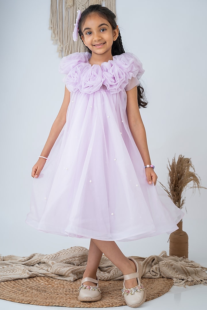 Lavender Organza Embroidered Dress For Girls by Label Neeti at Pernia's Pop Up Shop