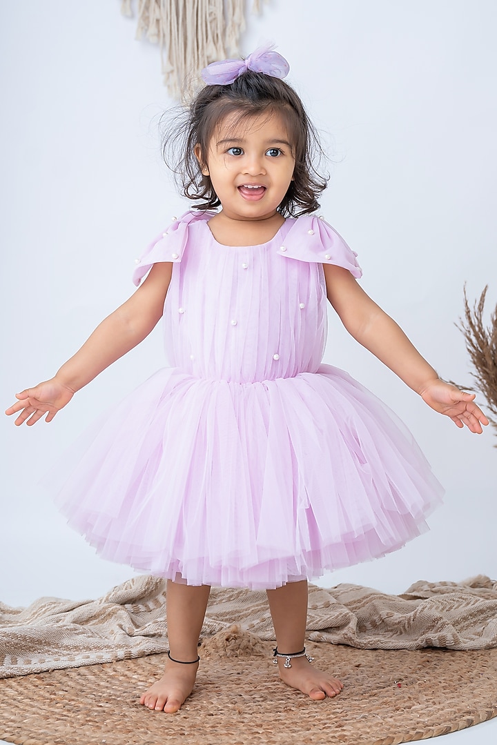 Lavender Net Embroidered Dress For Girls by Label Neeti at Pernia's Pop Up Shop