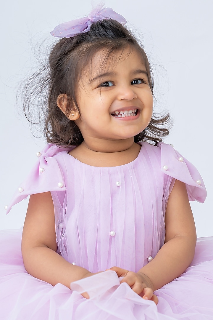 Lavender Net Embroidered Dress For Girls by Label Neeti at Pernia's Pop Up Shop