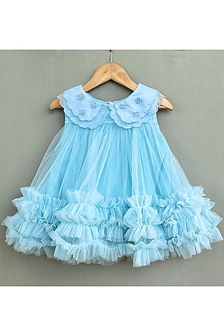 Sky Blue Net & Organza Dress For Girls by Label Neeti