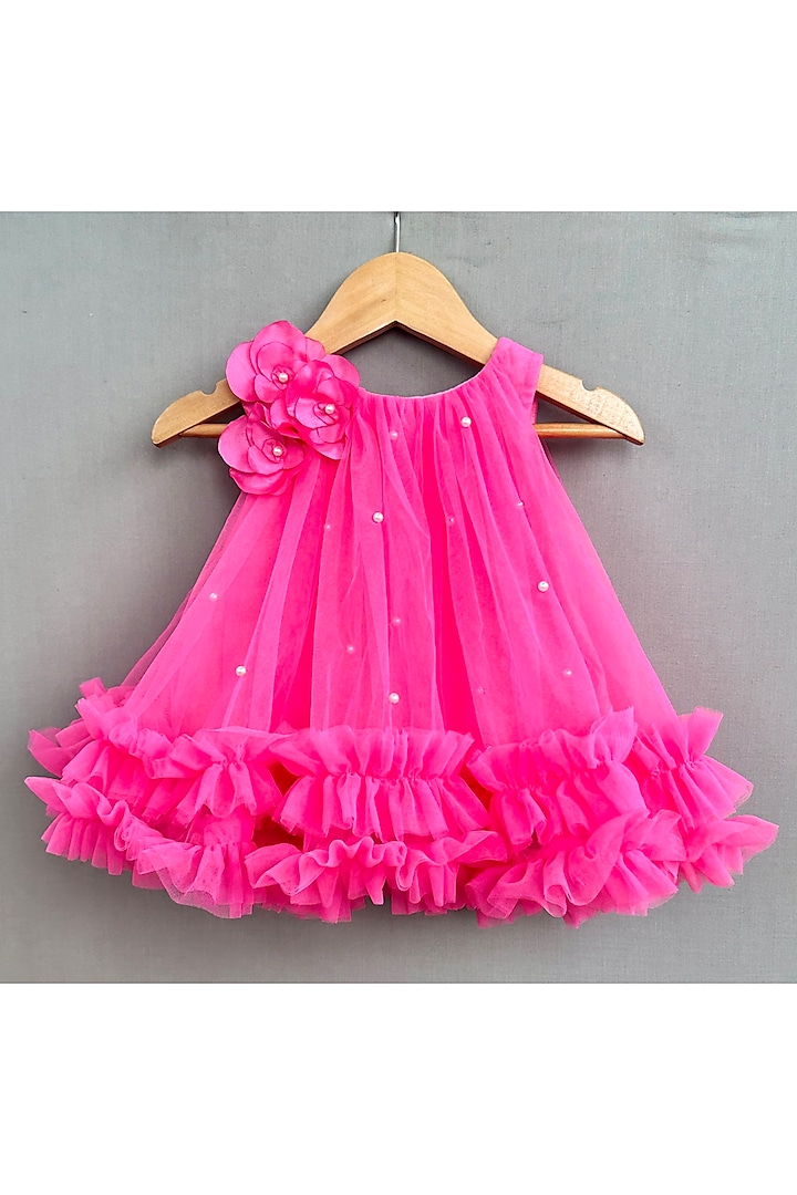 Pink Net & Imported Satin Embroidered Dress For Girls by Label Neeti at Pernia's Pop Up Shop