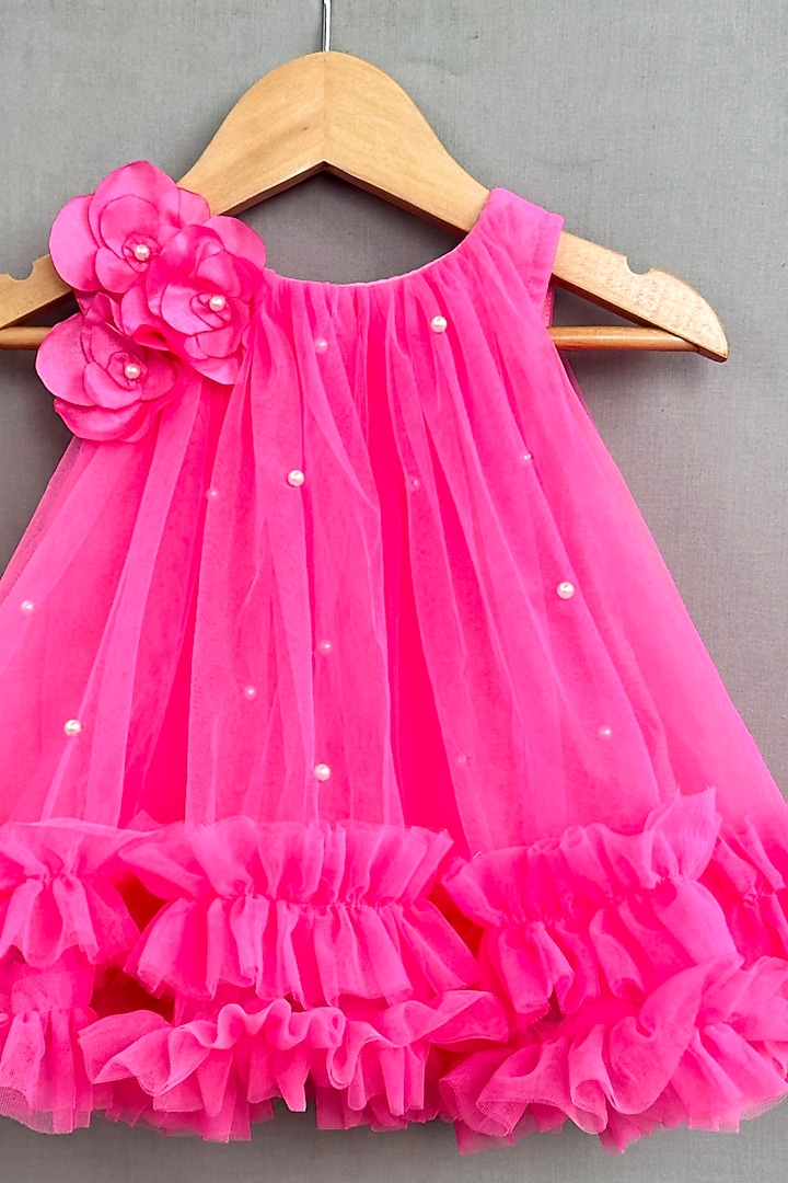 Pink Net & Imported Satin Embroidered Dress For Girls by Label Neeti at Pernia's Pop Up Shop