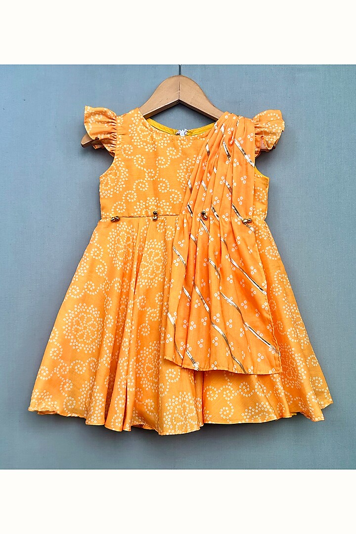 Orange Muslin Bandhani Printed Dress For Girls by Label Neeti at Pernia's Pop Up Shop