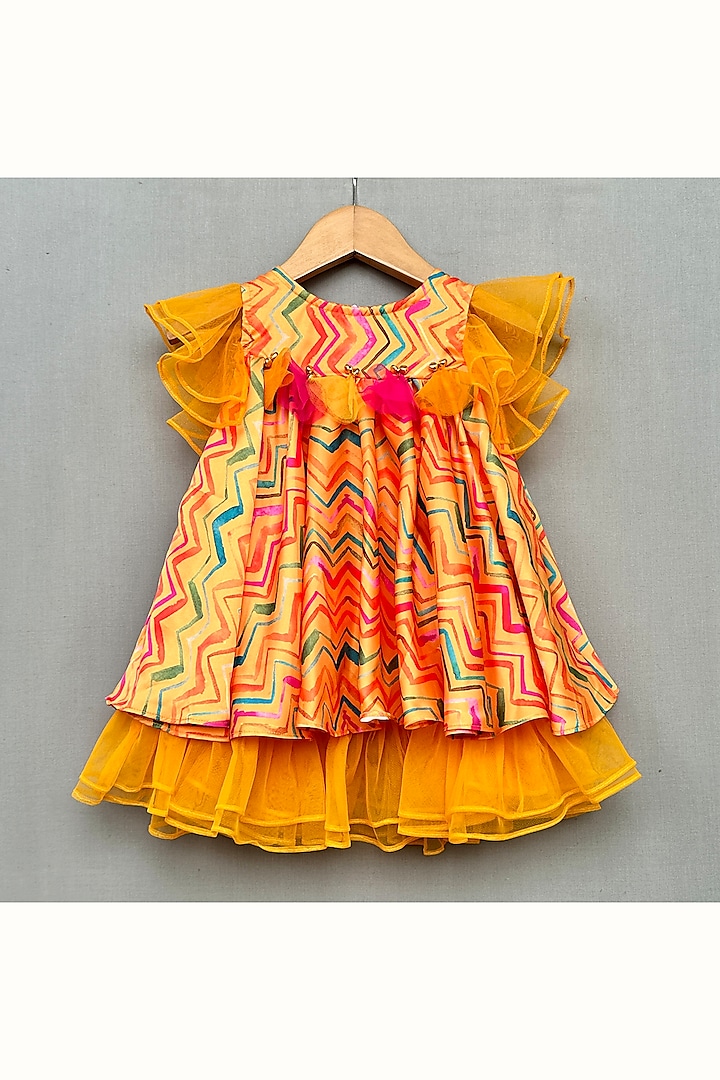 Multi-Colored Muslin & Net Printed Dress For Girls by Label Neeti at Pernia's Pop Up Shop