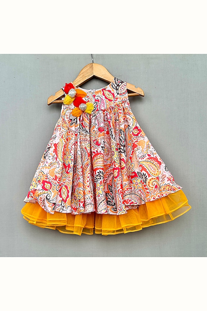 Multi-Colored Muslin & Net Printed Dress For Girls by Label Neeti