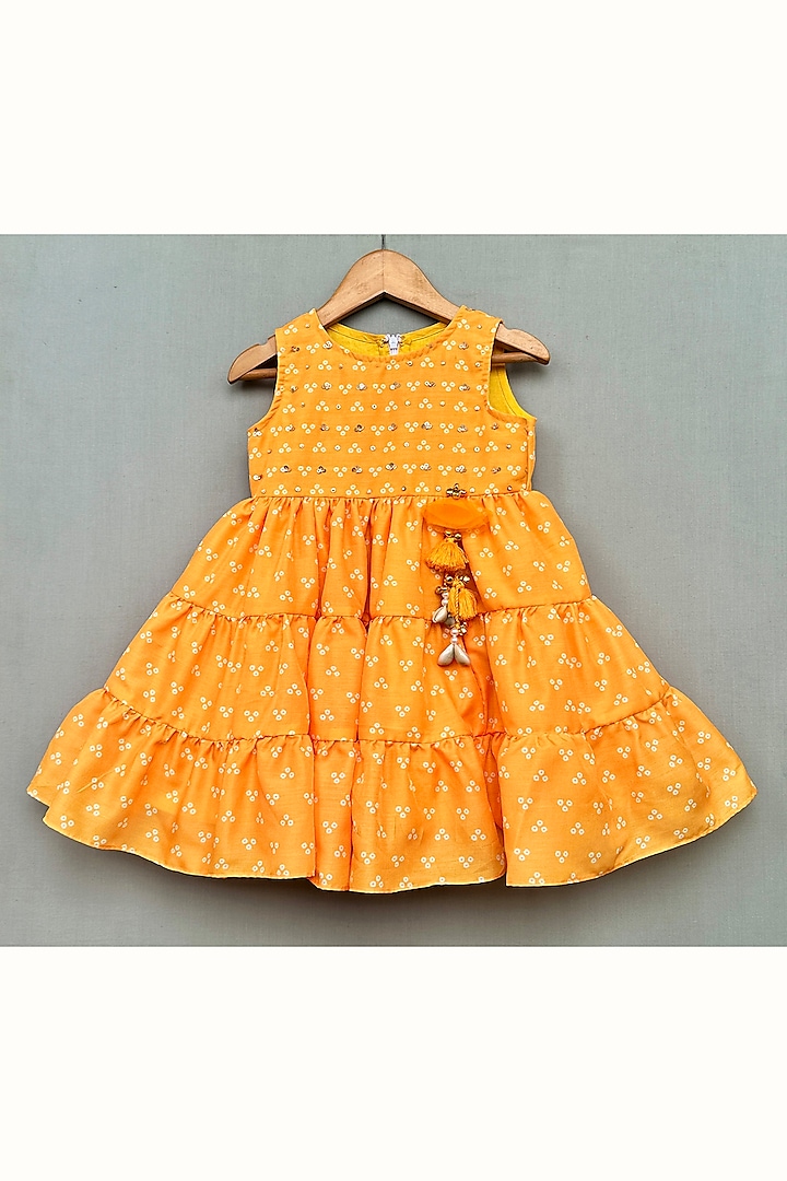 Yellow Muslin Hand Embroidered & Printed Dress For Girls by Label Neeti at Pernia's Pop Up Shop