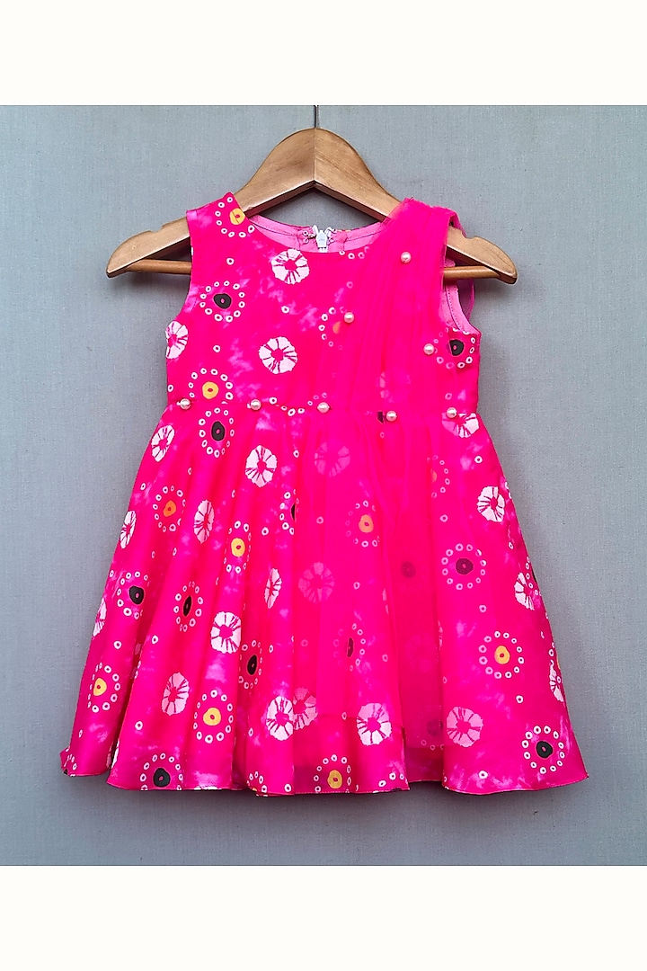 Pink Muslin & Net Printed Dress For Girls by Label Neeti at Pernia's Pop Up Shop