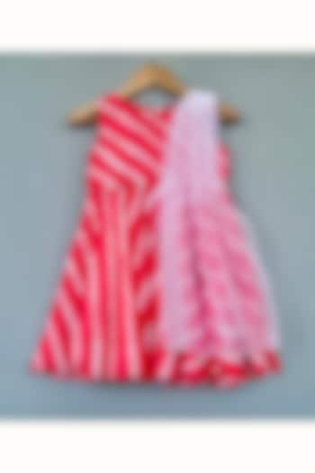 Red Muslin & Net Printed Dress For Girls by Label Neeti