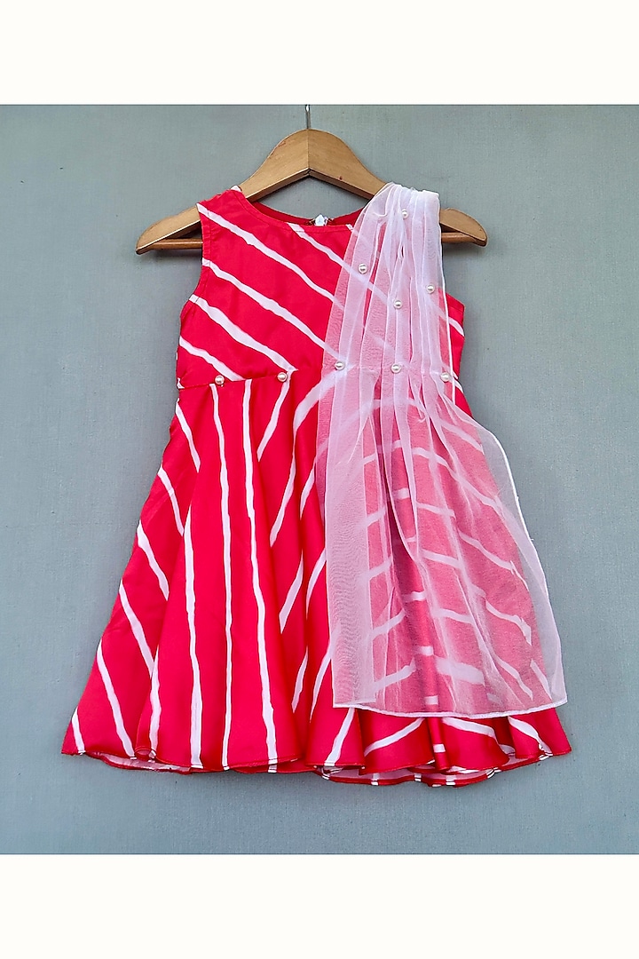 Red Muslin & Net Printed Dress For Girls by Label Neeti