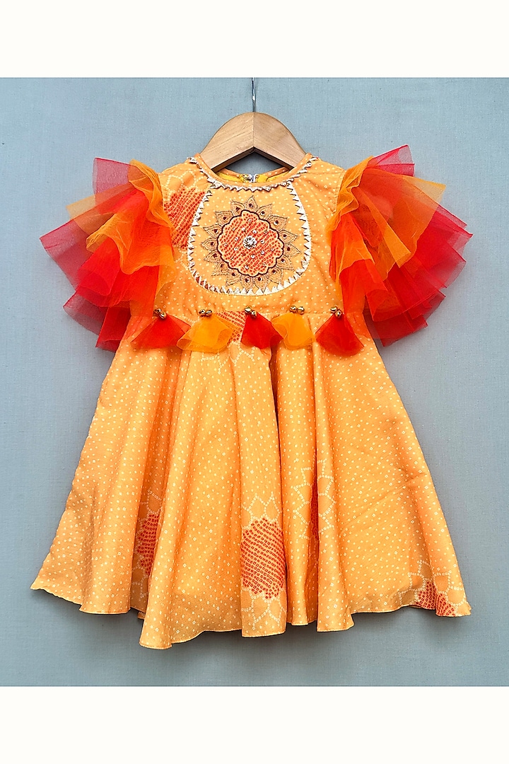 Yellow Muslin & Net Printed & Embroidered Dress For Girls by Label Neeti at Pernia's Pop Up Shop