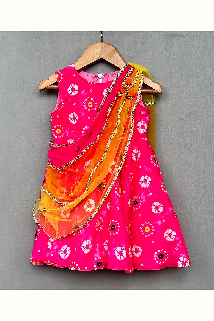 Pink Muslin & Net Printed Dress For Girls by Label Neeti at Pernia's Pop Up Shop