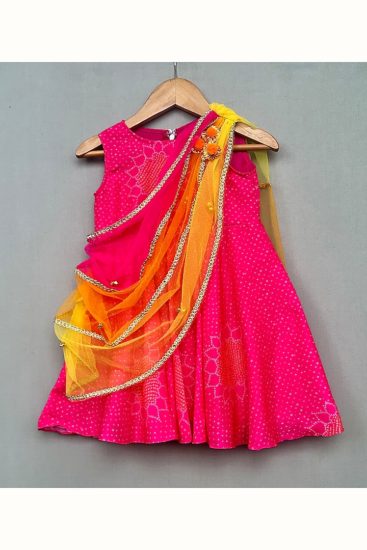 Pink Muslin & Net Printed Dress For Girls by Label Neeti at Pernia's Pop Up Shop