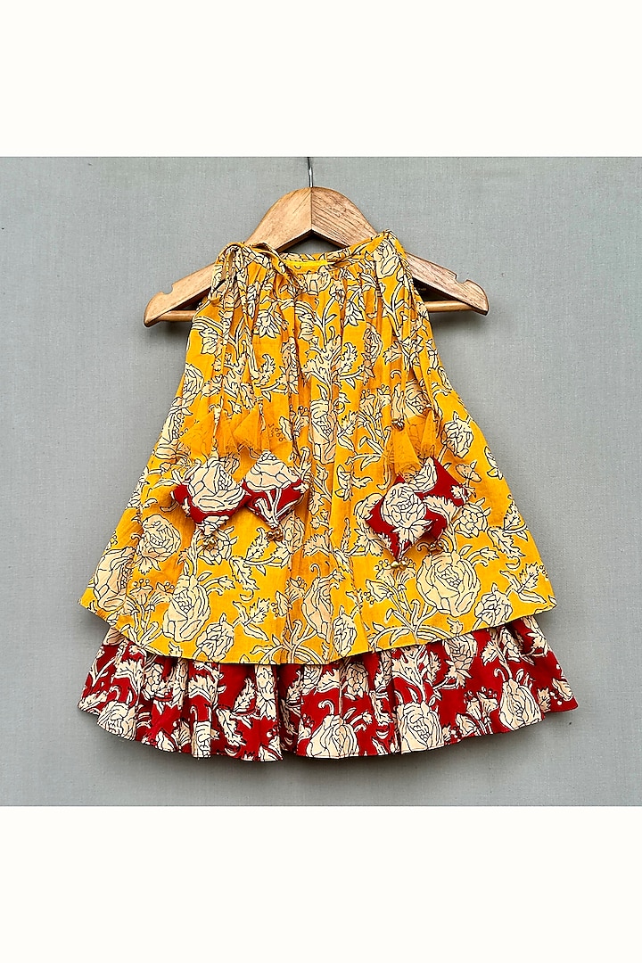 Yellow & Red Cotton Floral Printed Dress For Girls by Label Neeti at Pernia's Pop Up Shop