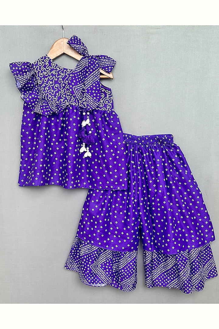 Purple Muslin Bandhani Printed Sharara Set For Girls by Label Neeti at Pernia's Pop Up Shop