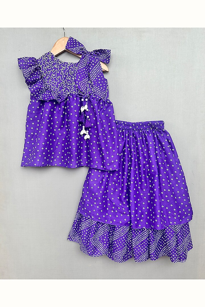 Purple Muslin Bandhani Printed Lehenga Set For Girls by Label Neeti at Pernia's Pop Up Shop