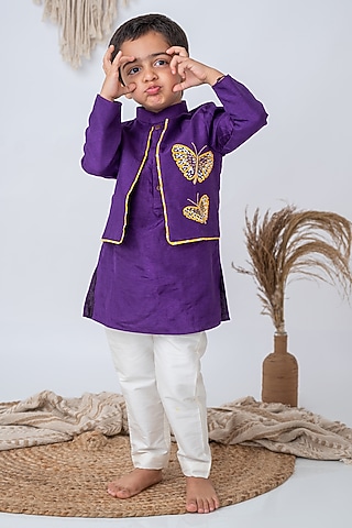 Purple Cotton & Silk Kurta Set For Boys by Label Neeti