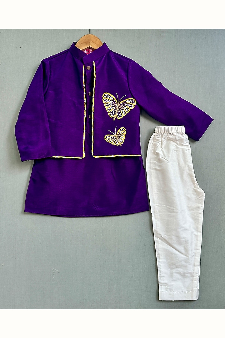 Purple Cotton & Silk Kurta Set For Boys by Label Neeti at Pernia's Pop Up Shop