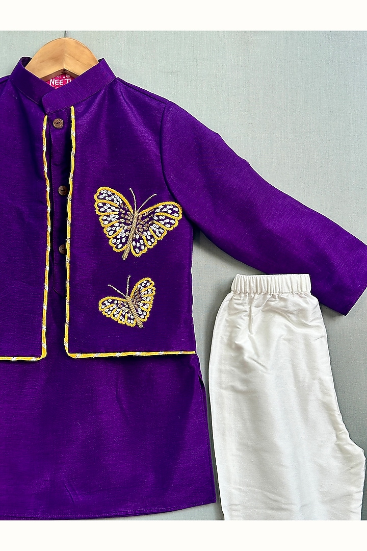 Purple Cotton & Silk Kurta Set For Boys by Label Neeti at Pernia's Pop Up Shop