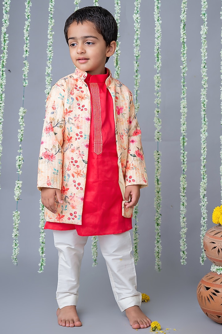 Pink Cotton & Cotton Satin Printed Jacket Set For Boys by Label Neeti