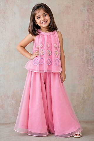 Baby Pink Organza Floral Hand Embroidered Co-Ord Set For Girls by label neeti