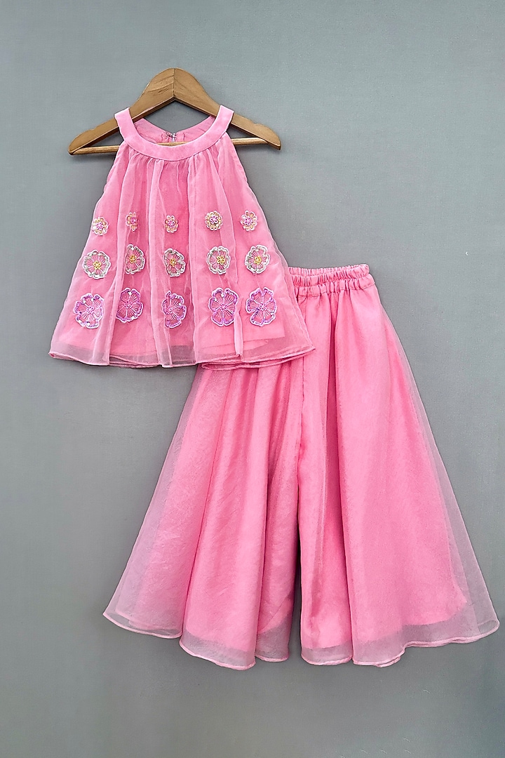 Baby Pink Organza Floral Hand Embroidered Co-Ord Set For Girls by Label Neeti at Pernia's Pop Up Shop