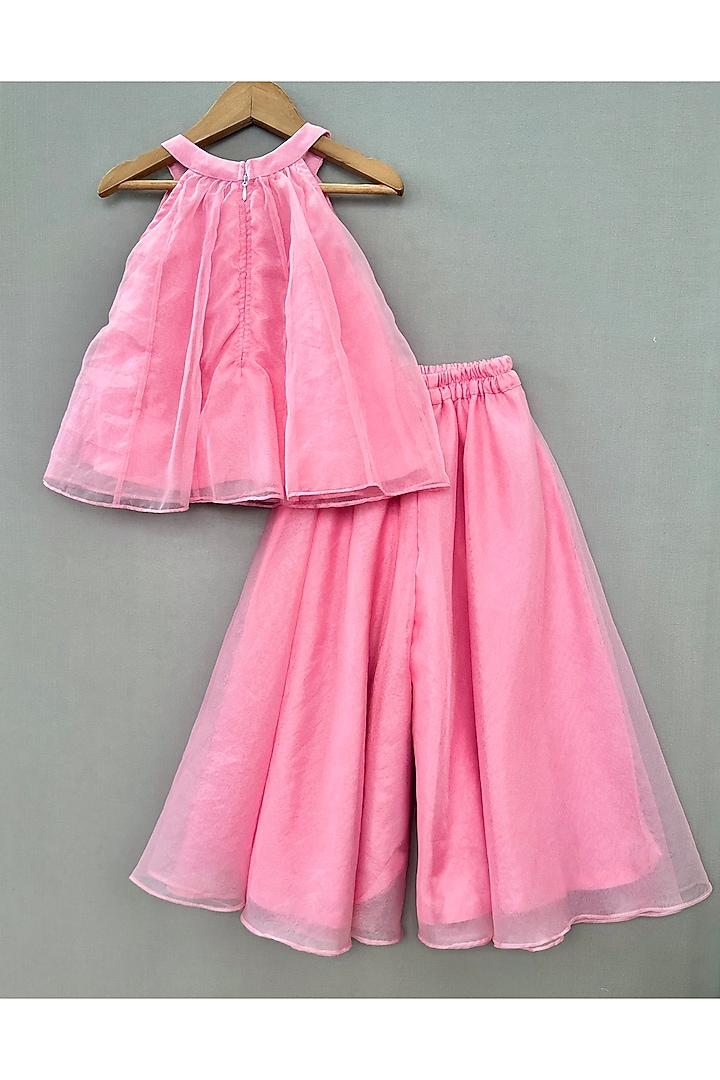 Baby Pink Organza Floral Hand Embroidered Co-Ord Set For Girls by Label Neeti at Pernia's Pop Up Shop
