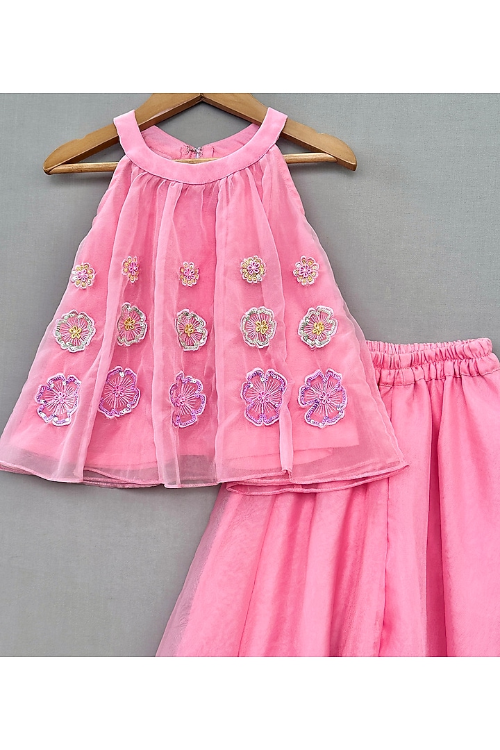 Baby Pink Organza Floral Hand Embroidered Co-Ord Set For Girls by Label Neeti at Pernia's Pop Up Shop