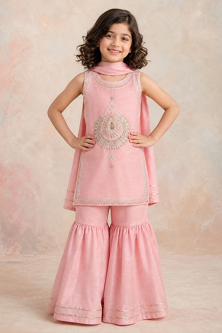 Peach Silk Flared Sharara Set For Girls by Label Neeti at Pernia's Pop Up Shop