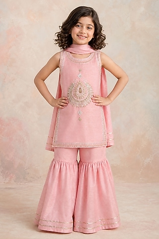 Peach Silk Flared Sharara Set For Girls by Label Neeti