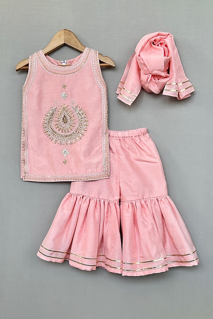 Peach Silk Flared Sharara Set For Girls by Label Neeti at Pernia's Pop Up Shop