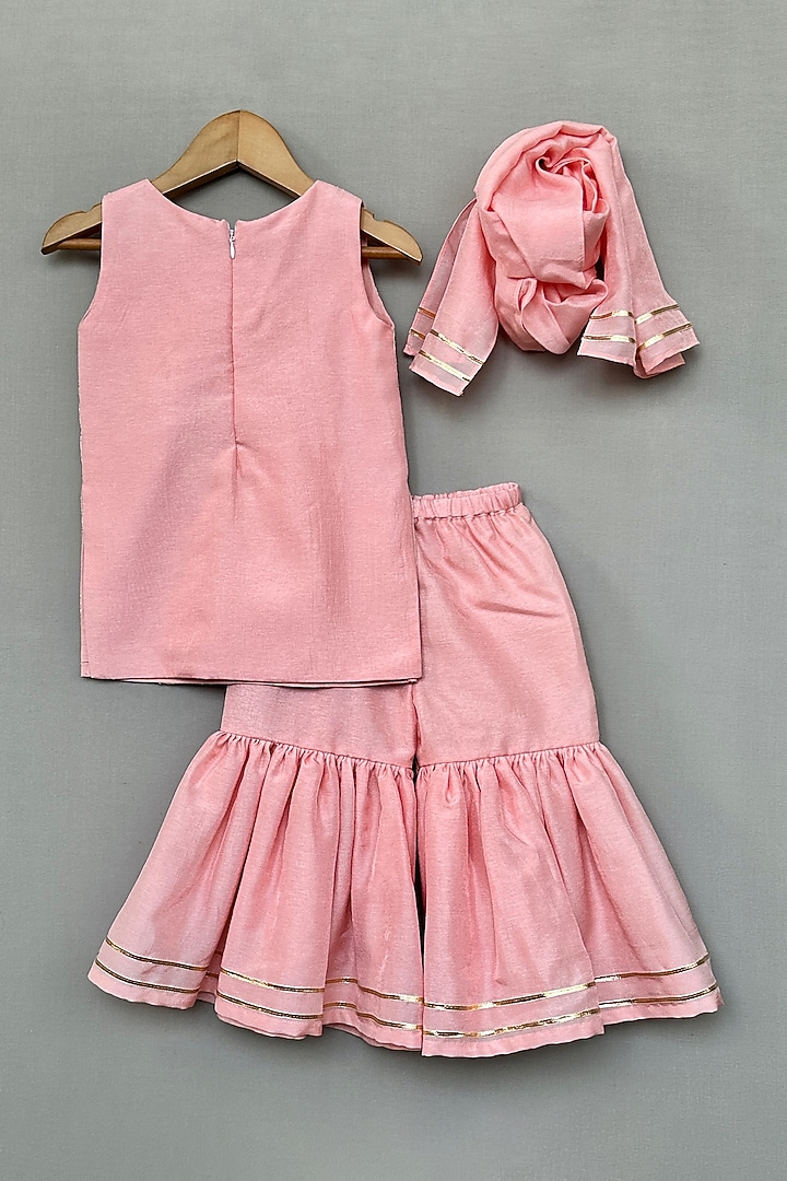 Peach Silk Flared Sharara Set For Girls by Label Neeti at Pernia's Pop Up Shop
