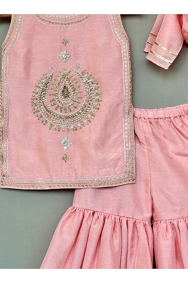 Peach Silk Flared Sharara Set For Girls by Label Neeti at Pernia's Pop Up Shop