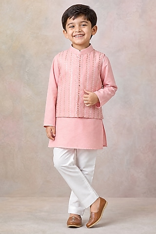 Peach Silk Gota Embellished Nehru Jacket Set For Boys by Label Neeti
