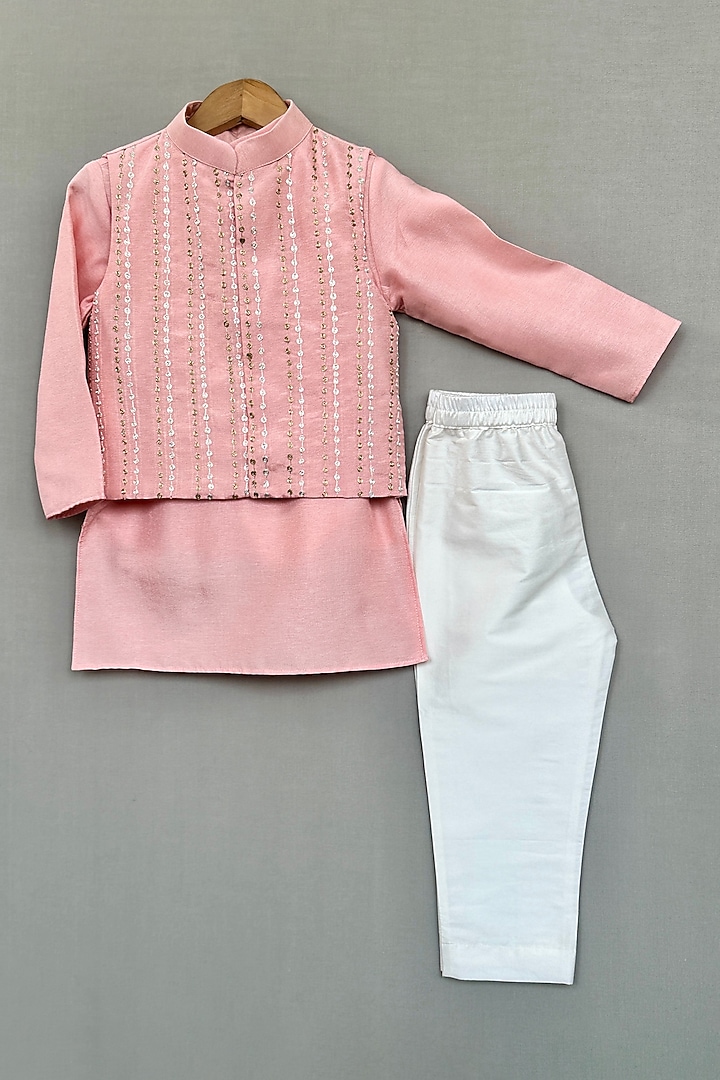 Peach Silk Gota Embellished Nehru Jacket Set For Boys by Label Neeti at Pernia's Pop Up Shop