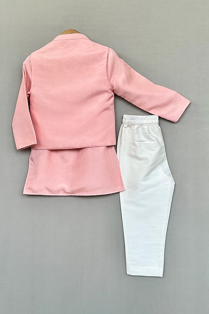 Peach Silk Gota Embellished Nehru Jacket Set For Boys by Label Neeti at Pernia's Pop Up Shop
