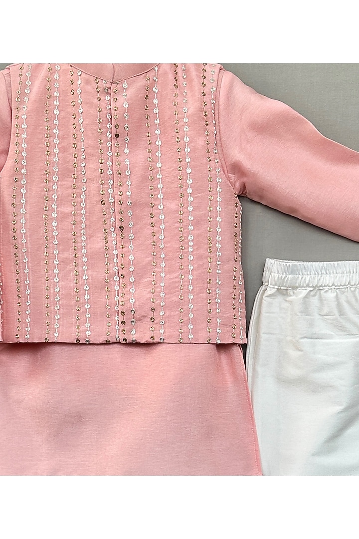Peach Silk Gota Embellished Nehru Jacket Set For Boys by Label Neeti at Pernia's Pop Up Shop