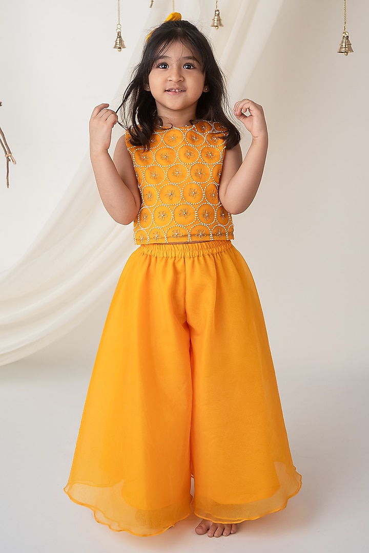 Yellow Organza Palazzo Pant Set For Girls by Label Neeti at Pernia's Pop Up Shop