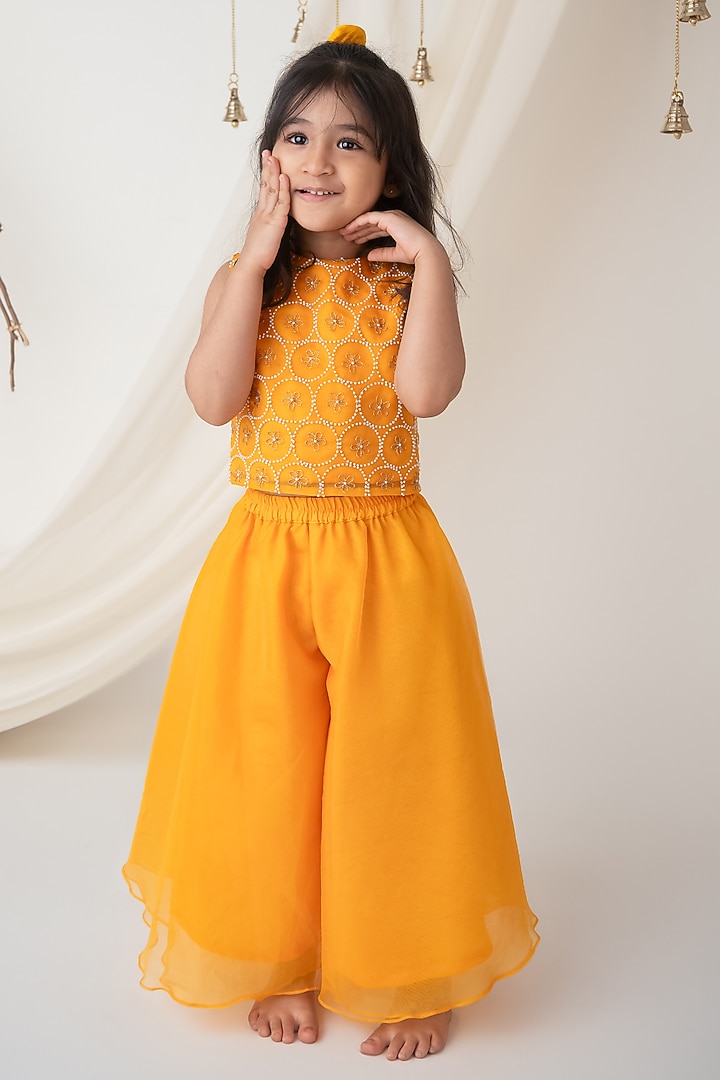 Yellow Organza Palazzo Pant Set For Girls by Label Neeti at Pernia's Pop Up Shop